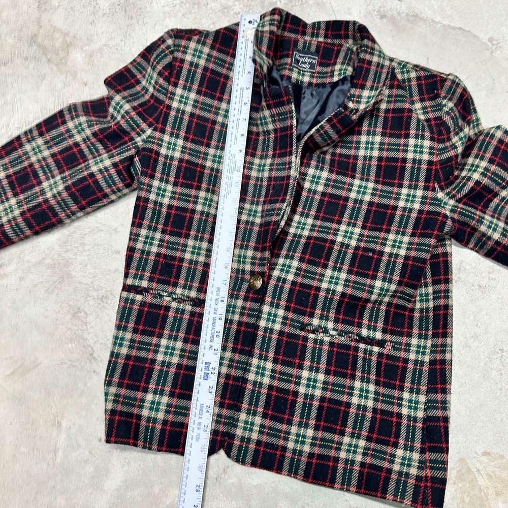 Southern Lady Blazer Plaid Wool Blend‎ Green Red Made in USA Vintage 7/8 Coat - Picture 5 of 8